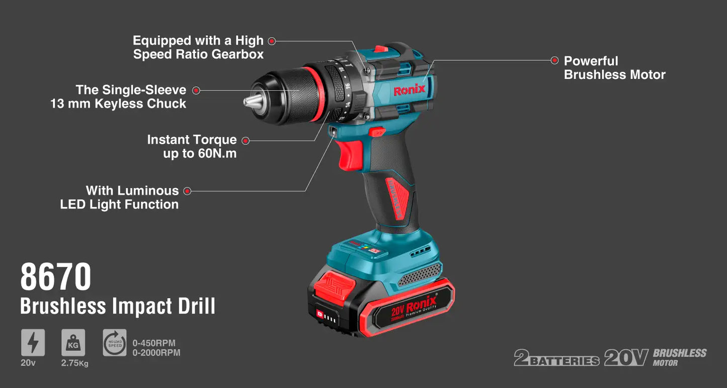 RONIX 8670 20V Brushless Cordless Trapano a percussione 13m-60N.m