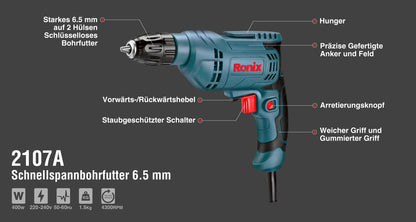[2107A] Trapano Elettrico 400W-6.5mm-4300RPM-Keyless