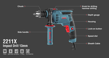[2211X] Trapano a Percussione Elettrico 13mm con Mandrino