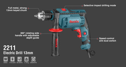 [2211] Trapano a Percussione Elettrico-600W-13mm-Keyed-3000 RPM