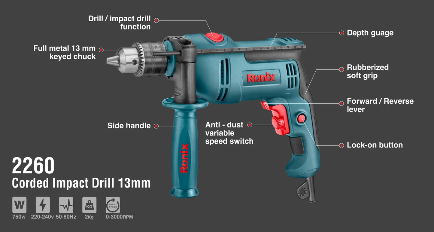 [2260] Trapano a Percussione Elettrico-750W-13mm-con Mandrino-3000RPM