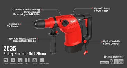 [2635] martello rotativo 35mm 1100w sds-max topline model