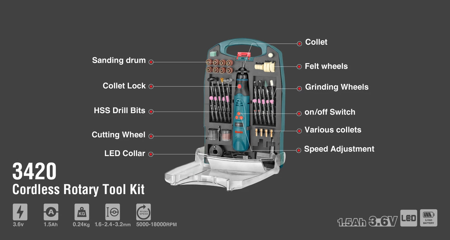[3420] Kit di Utensili Rotativi Cordless 3.6V-1.6-2.4-3.2 mm