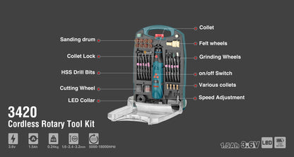 [3420] Kit di Utensili Rotativi Cordless 3.6V-1.6-2.4-3.2 mm