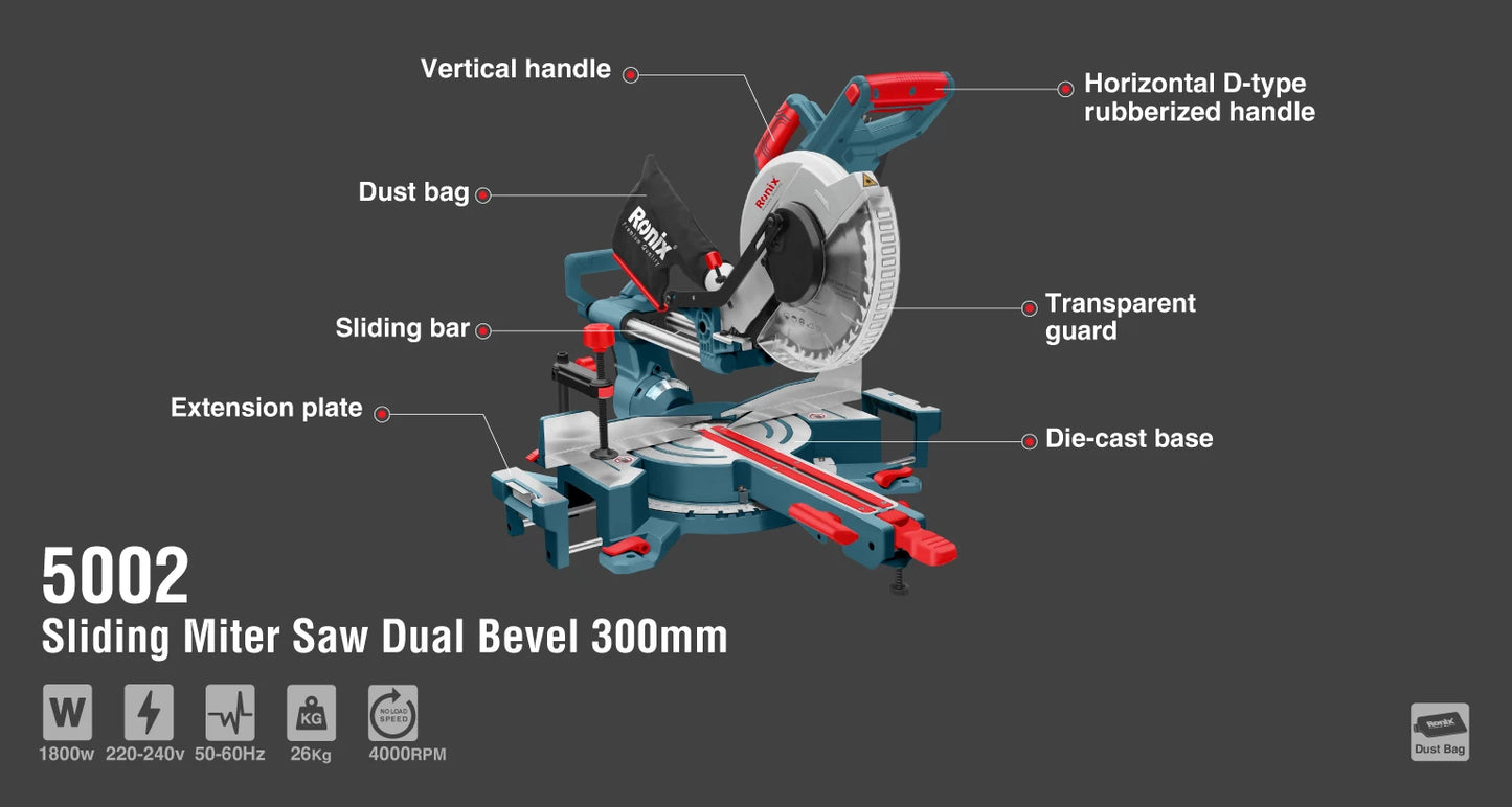 [5002] Segatrice a troncare scorrevole a doppio angolo 1500W-300mm