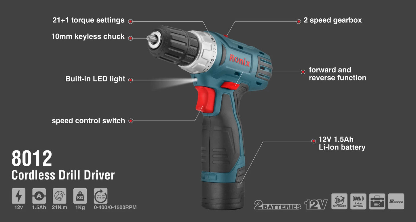 [8012] Trapano avvitatore cordless, 12V, 21N.M-Mega Series