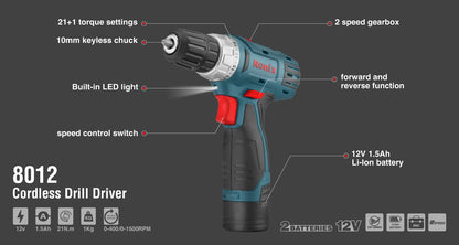 [8012] Trapano avvitatore cordless, 12V, 21N.M-Mega Series