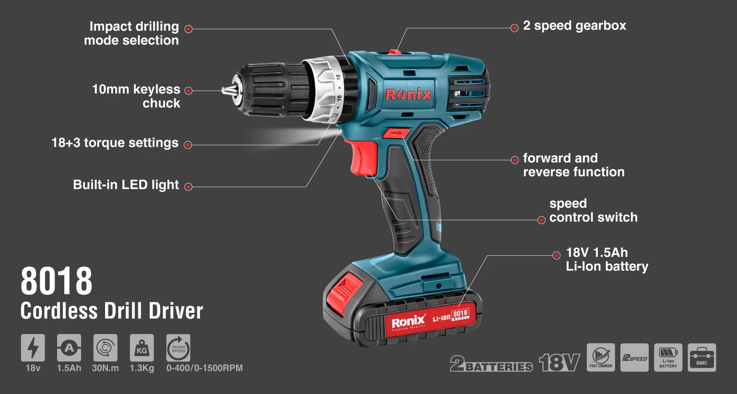 [8018] Trapano Avvitatore Senza Filo, 18V, 30N.M-Mega Series