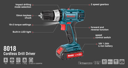 [8018] Trapano Avvitatore Senza Filo, 18V, 30N.M-Mega Series