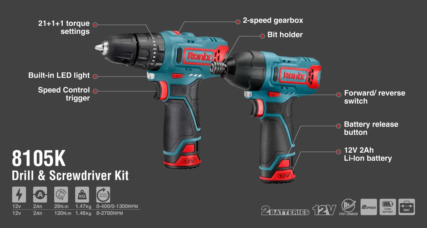 [8105K] Kit di Trapano e Cacciavite Cordless 12V