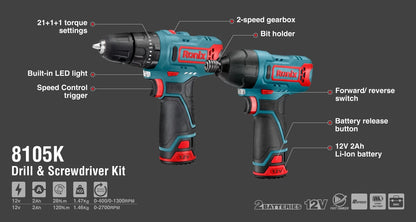 [8105K] Kit di Trapano e Cacciavite Cordless 12V