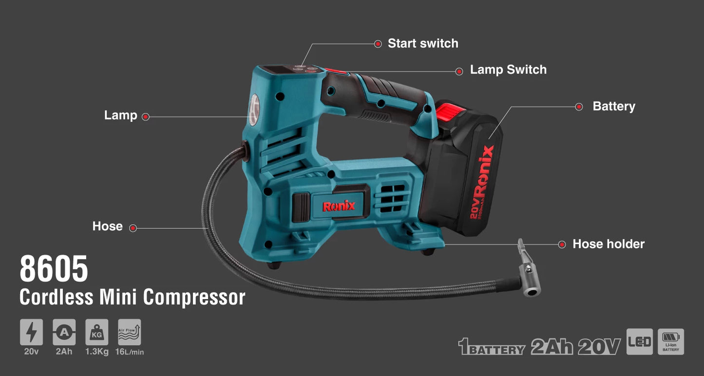 [8605] Compressore Mini 20V Cordless 10.35Bar