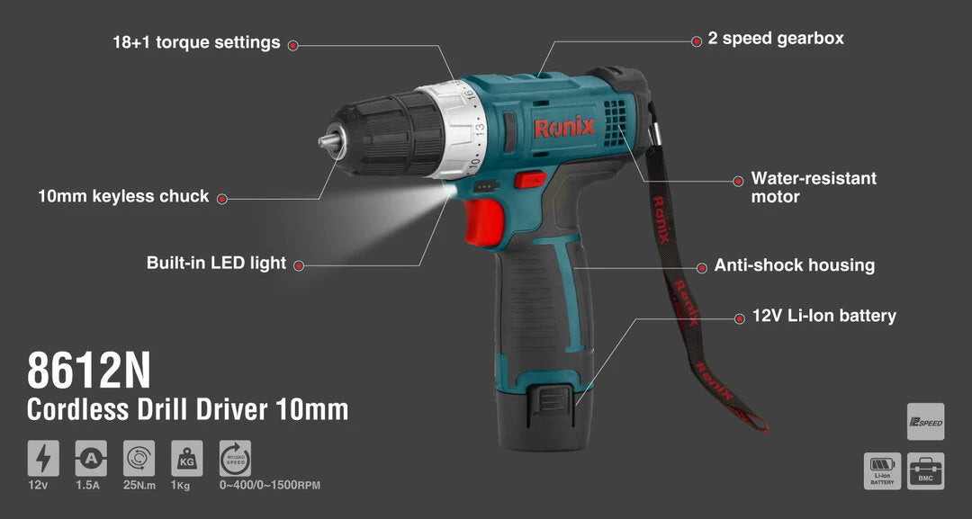 [8612N] Trapano avvitatore 12V Cordless 10mm-25N.m-2batteria