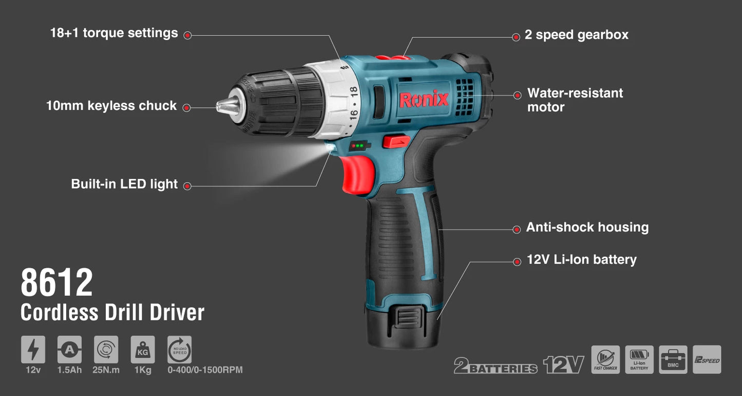 [8612] Trapano avvitatore 12V Cordless 10mm-25N.m