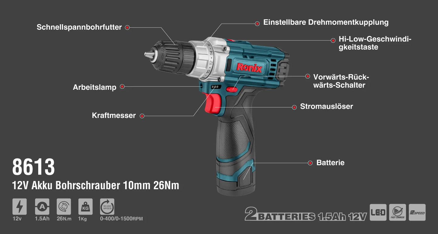 [8613] Trapano avvitatore 12V Cordless 10mm-26N.m