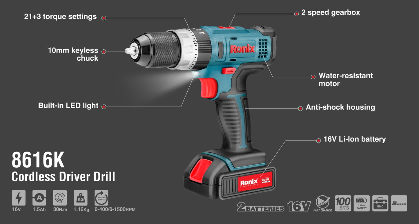 [8616K] Kit di avvitatore a percussione cordless 16v 10mm-30N.m