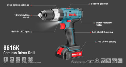 [8616K] Kit di avvitatore a percussione cordless 16v 10mm-30N.m