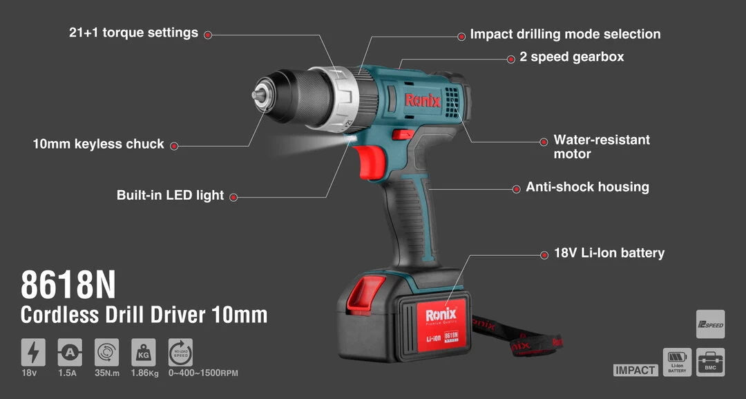 [8618N] Trapano avvitatore 18V Cordless 10mm-35N.m