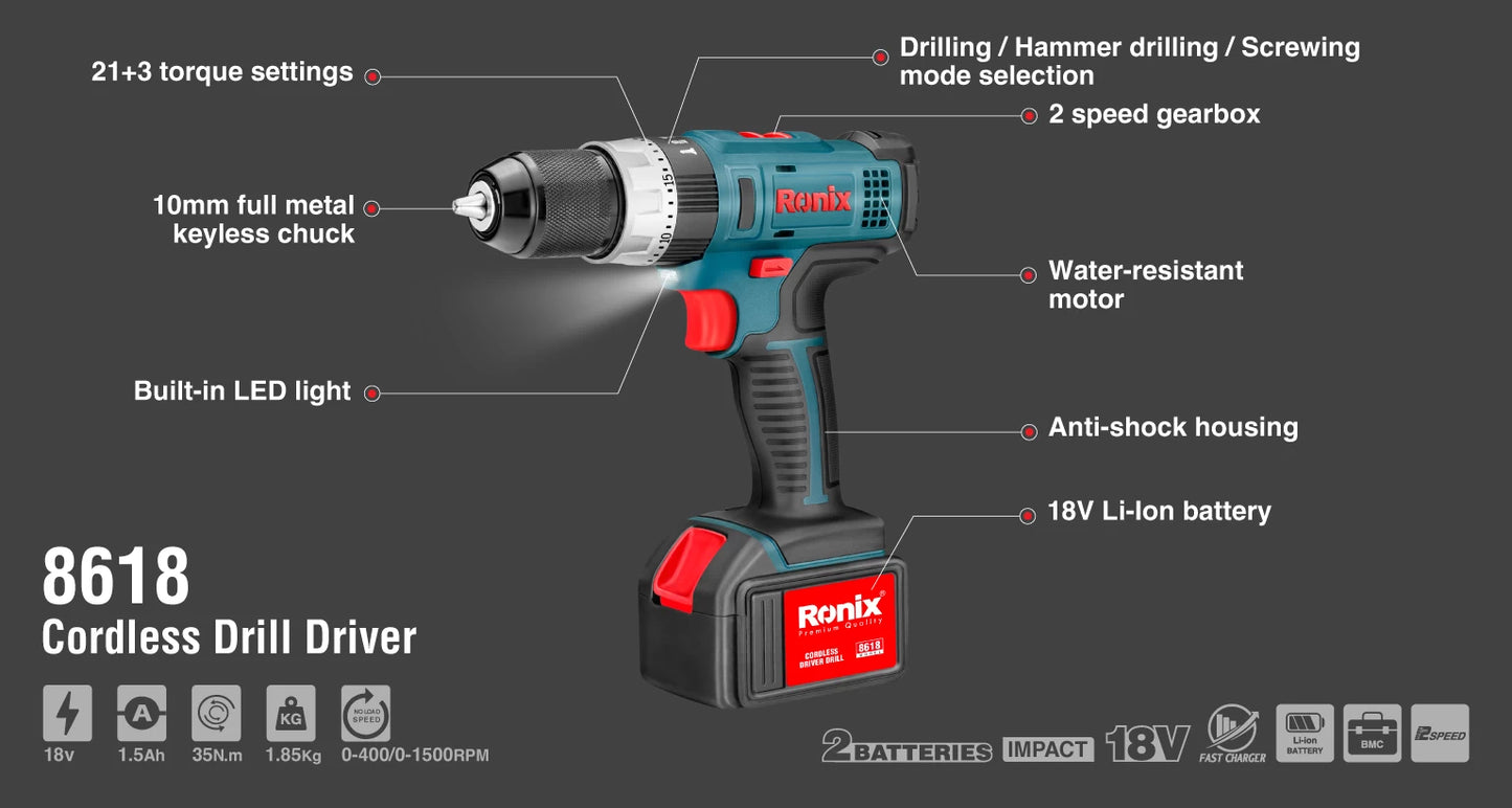[8618] Trapano avvitatore 18V Cordless 10mm-35N.m