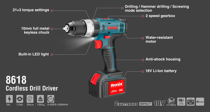 [8618] Trapano avvitatore 18V Cordless 10mm-35N.m