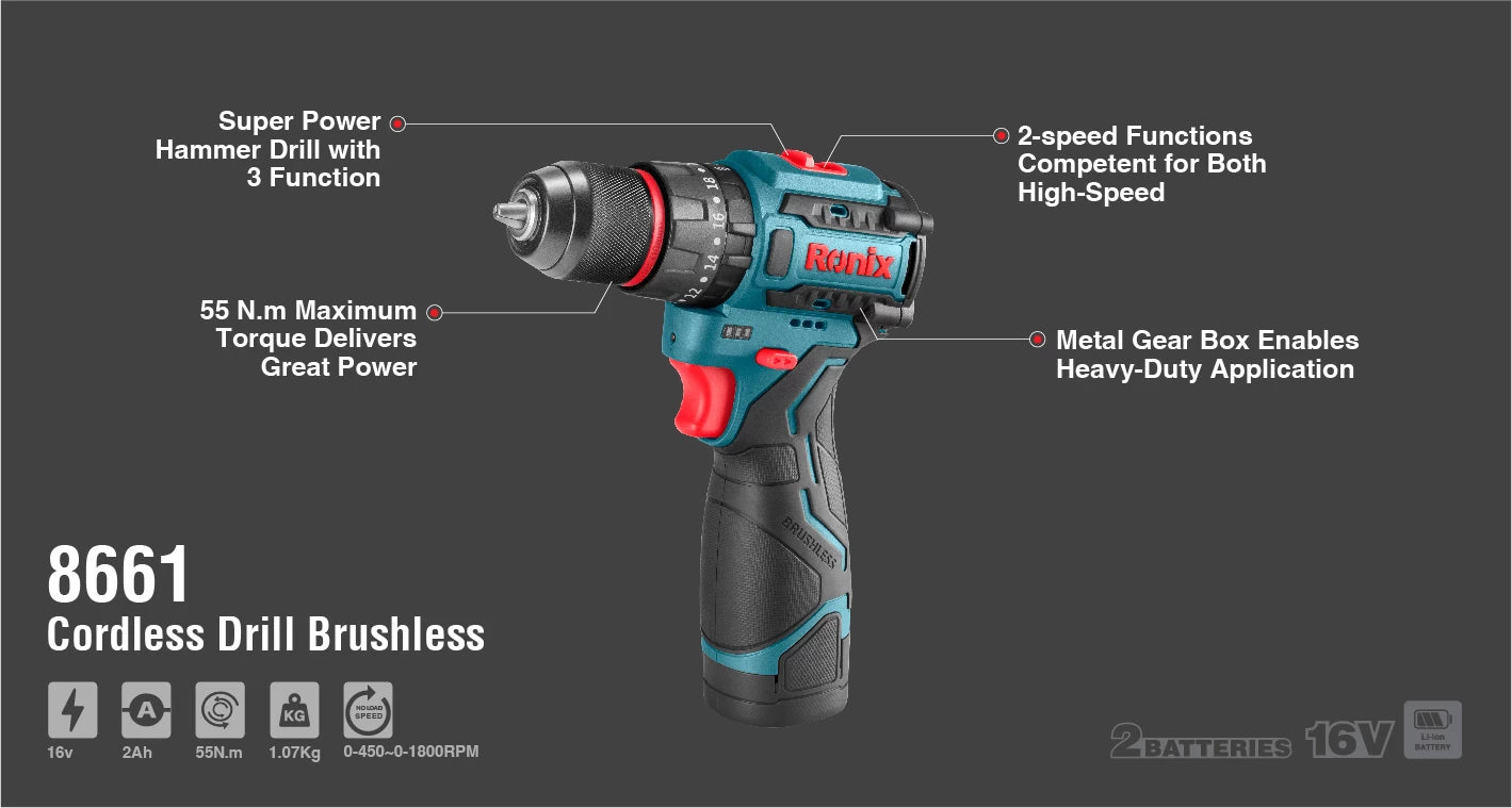 [8661] Trapano 16V Cordless 10mm-55N.m