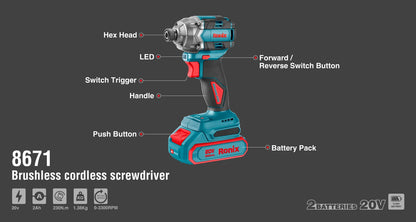 [8671] Cacciavite senza filo Brushless 20V 230N.m