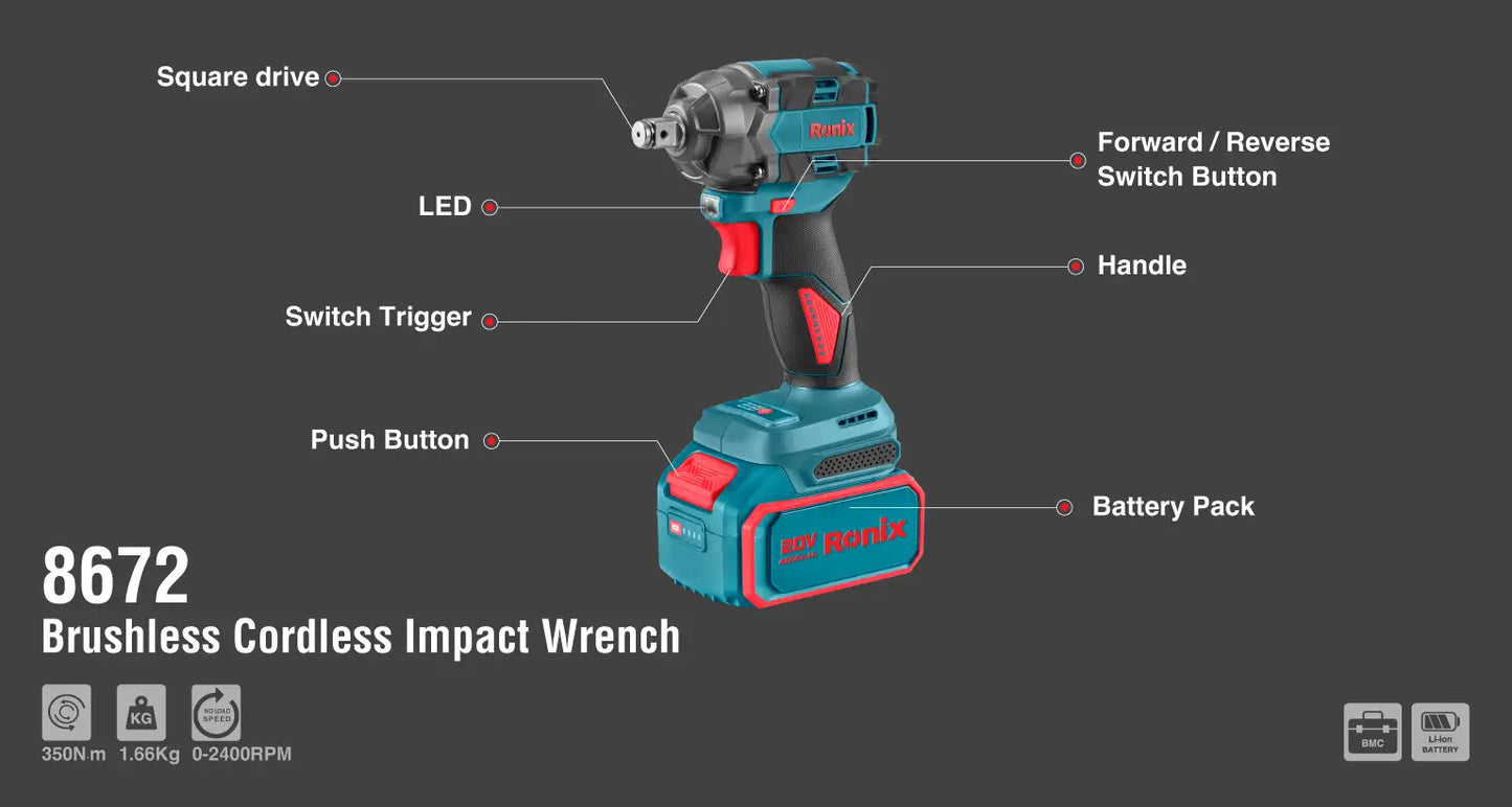 [8672] Chiave a impulsi cordless Brushless 20V 1/2 pollice-350N.m