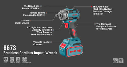 [8673] 20V Chiave a Impulsi Brushless Cordless 1/2 inch-500N.m