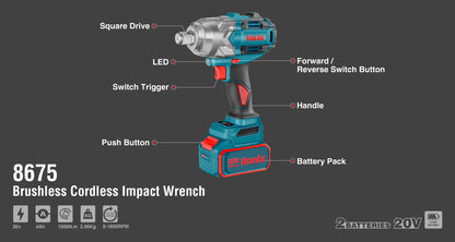 [8675] Chiave a impulsi cordless Brushless 20V 3/4 pollici (1/2 pollici) - 1000N.m