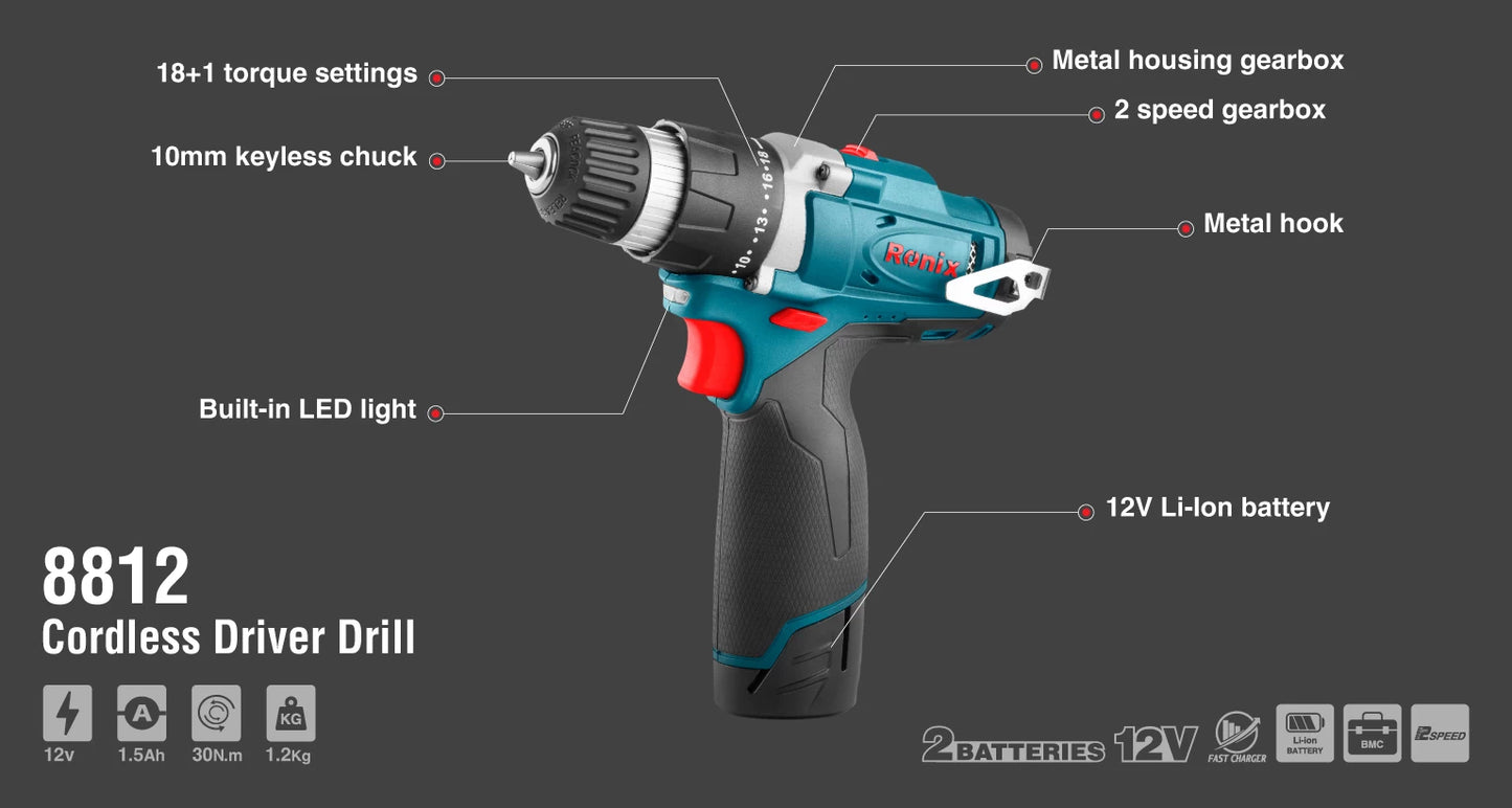 [8812] Trapano Avvitatore 12V Cordless 10mm-30N.m-Seria Tesla