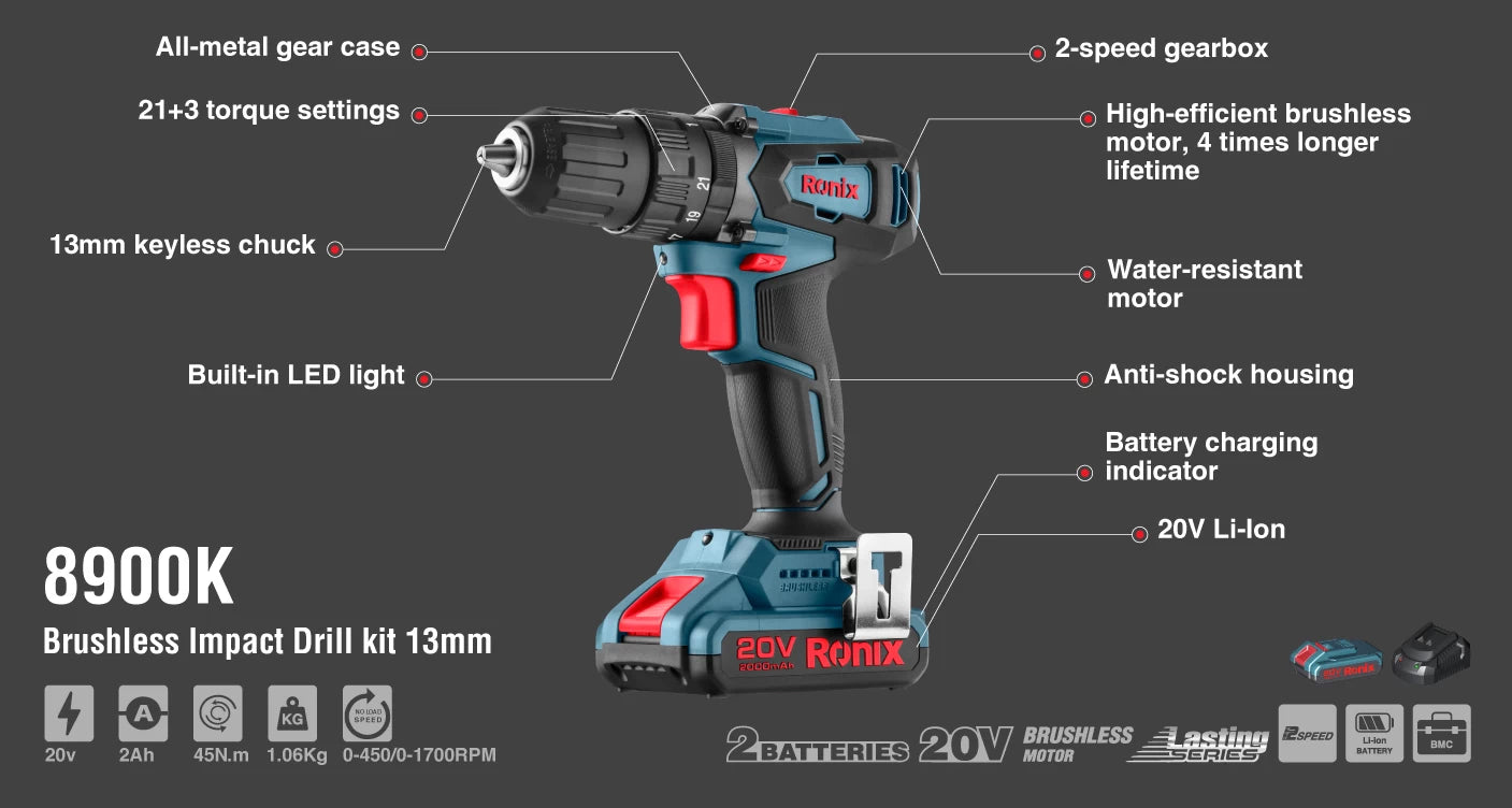 [8900K] Kit di trapano a percussione 20V Brushless 13mm-45N.m