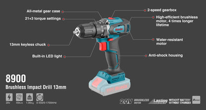 [8900] Trapano a percussione 20V Brushless 13mm-45N.m