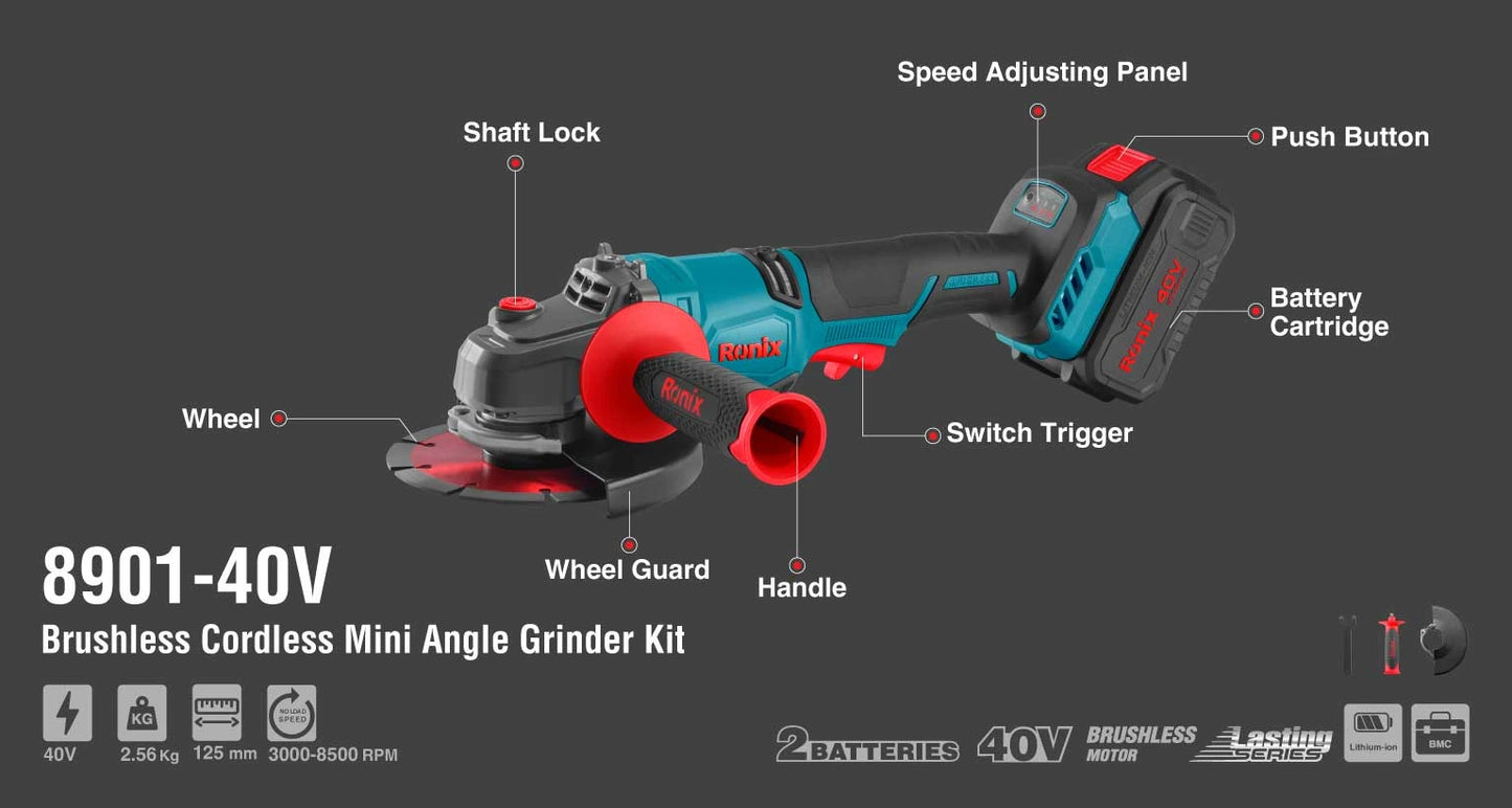 [8901-40V] Kit mini smerigliatrice angolare cordless 40v Brushless 125mm