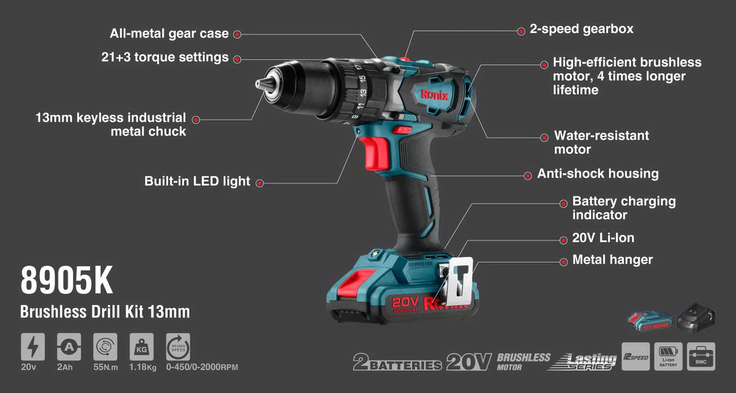 [8905K] Kit di trapano a percussione 20V Brushless 13mm-55N.m