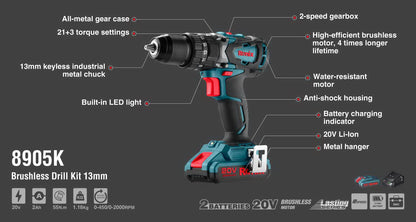 [8905K] Kit di trapano a percussione 20V Brushless 13mm-55N.m