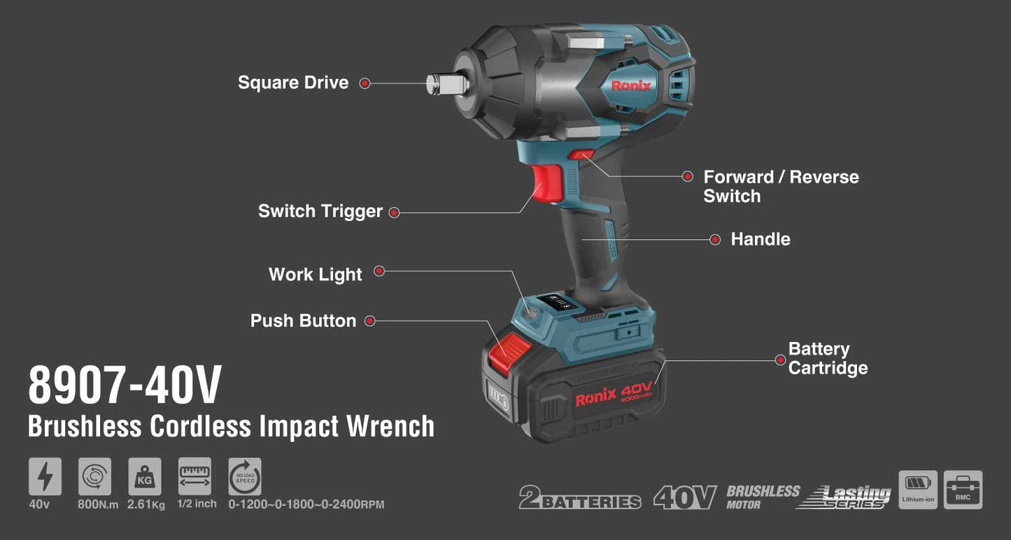 [8907-40V] Kit di chiave a impulsi cordless 40V Brushless 1/2 pollice 800N m