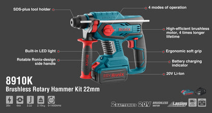 [8910K] Kit martello rotativo 20V Brushless 2.2J
