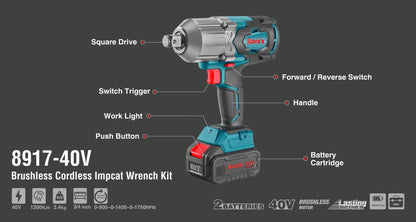 [8917-40V] Kit di Chiave a Impatto Cordless Brushless 40V 1200 N.m ¾-pollici