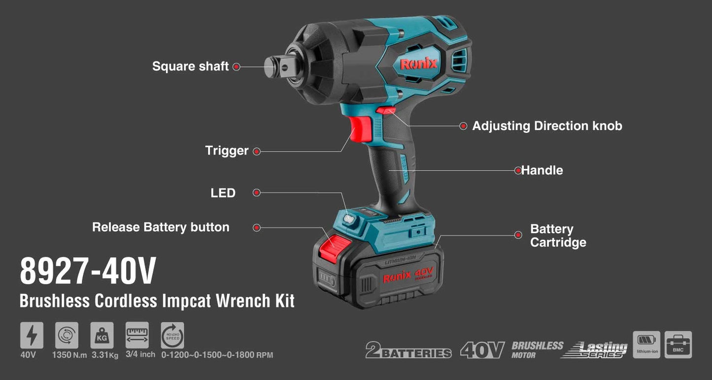 [8927-40V] Kit di chiave a impulsi cordless Brushless 40V 1350 N.m ¾ pollici