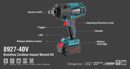 [8927-40V] Kit di chiave a impulsi cordless Brushless 40V 1350 N.m ¾ pollici