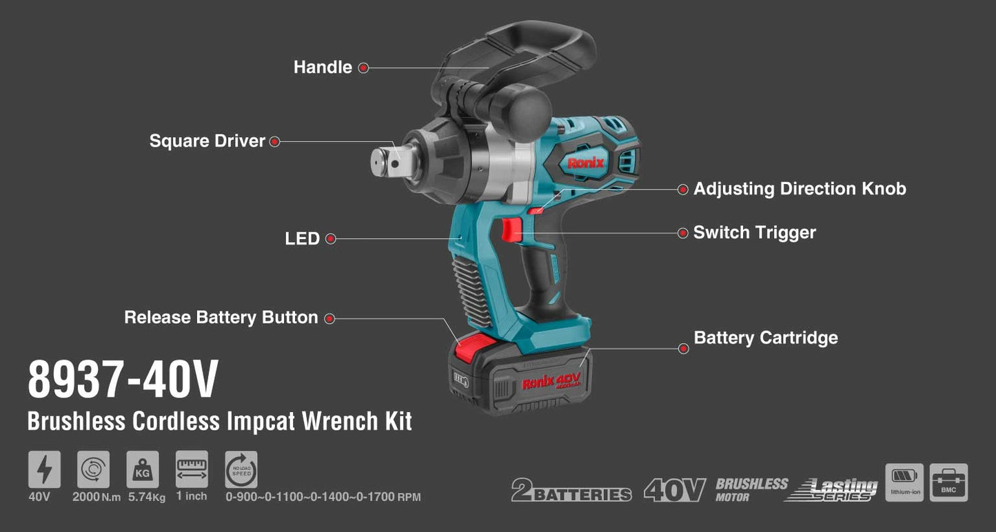 [8937-40V] 40V Brushless Cordless chiave a impulsi Kit 2000 N.m-1 pollice