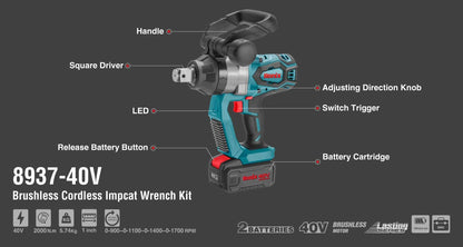 [8937-40V] 40V Brushless Cordless chiave a impulsi Kit 2000 N.m-1 pollice