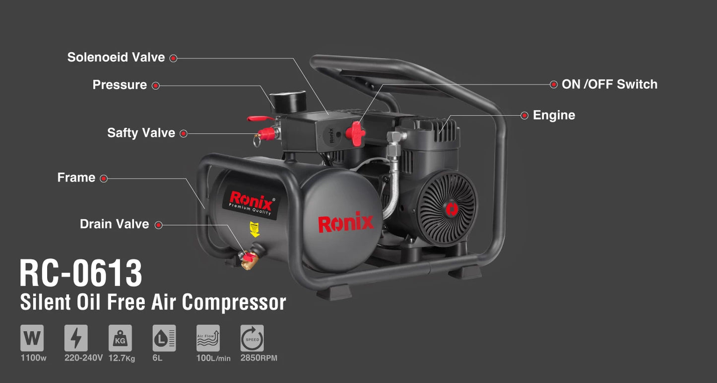 [RC-0613] Compressore d'Aria Silenzioso e Senza Olio 6L-1100W