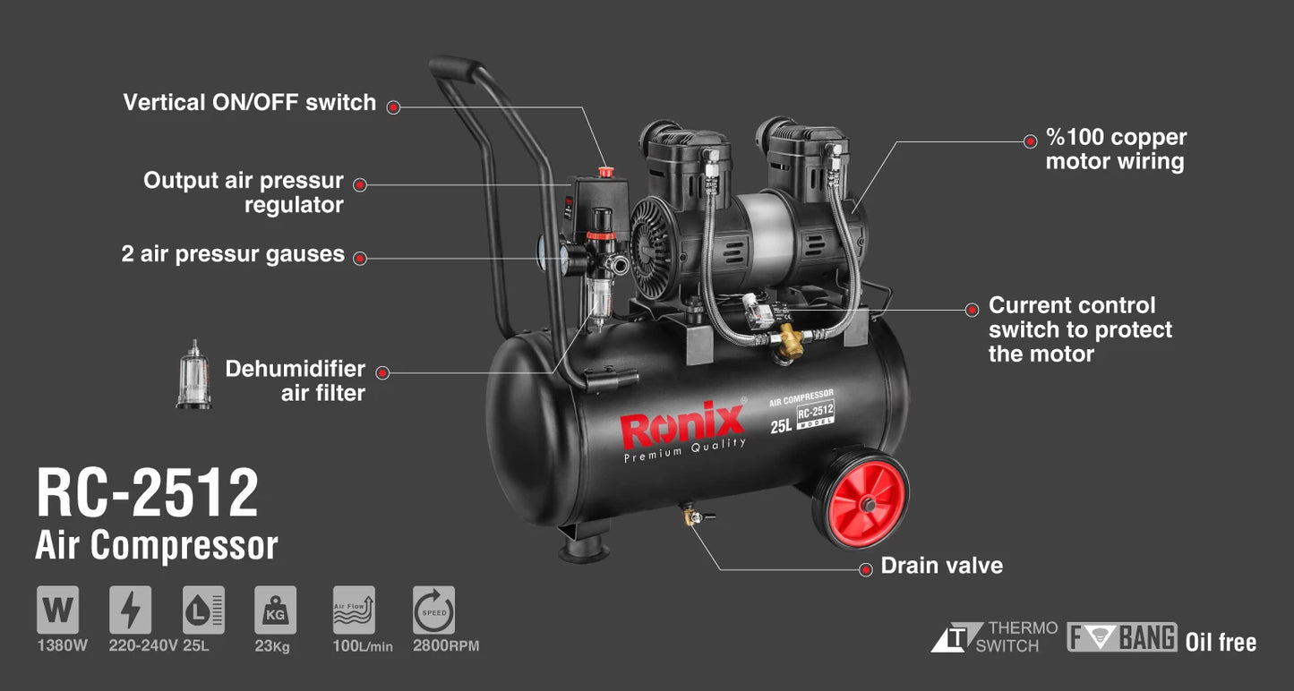[RC-2512] Compressore d'Aria Silenzioso 25L-1380W