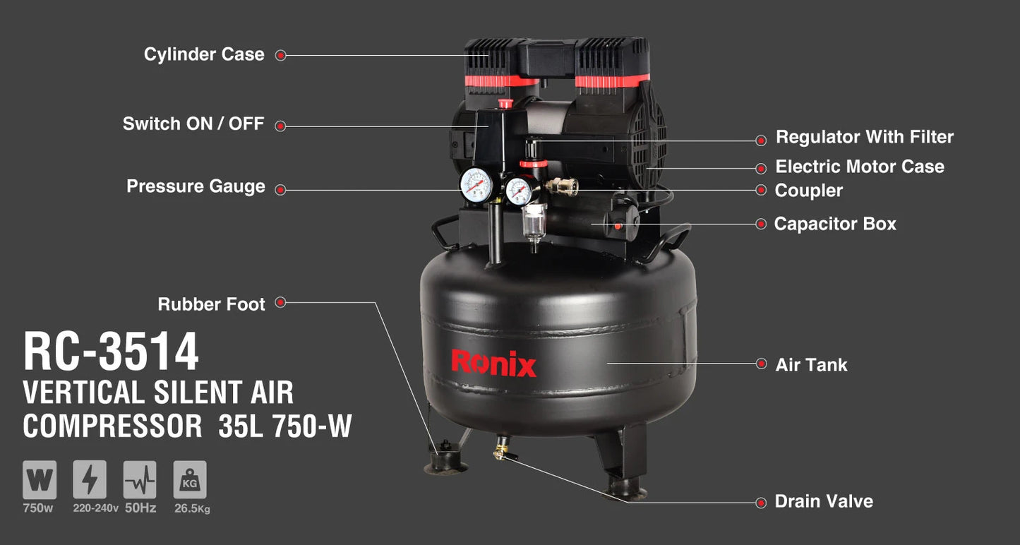 [RC-3514] Compressore d'Aria Verticale Silenzioso 35L 750W
