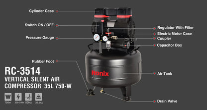 [RC-3514] Compressore d'Aria Verticale Silenzioso 35L 750W