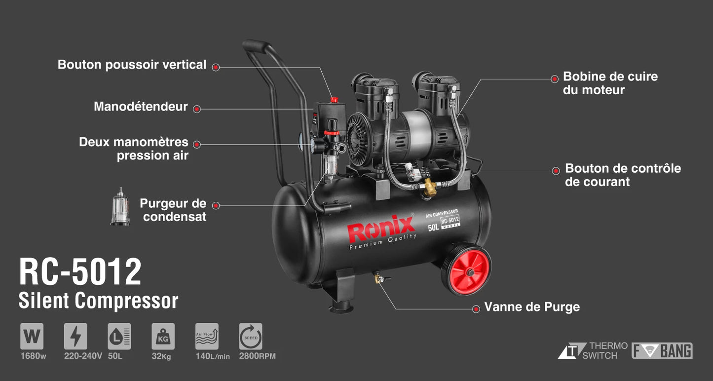 [RC-5012] Compressore d'Aria Silenzioso 50L-1680W