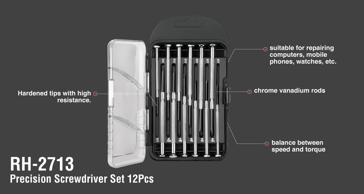 [RH-2713] Set di Cacciaviti di Precisione con Manico in Acciaio (12Pcs)