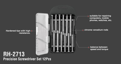 [RH-2713] Set di Cacciaviti di Precisione con Manico in Acciaio (12Pcs)