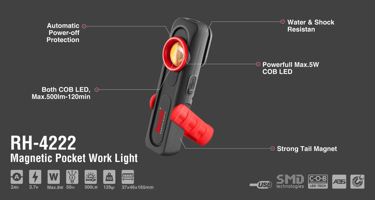 [RH-4222] Luce da lavoro magnetica a tasca 500lm - modello Flux